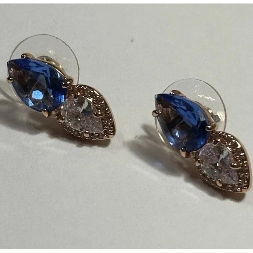 2Pc Blue Crystal Earrings Lot Rose Gold Tone Studs Elegant Gift Jewelry